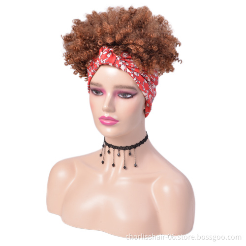 Wholesale Ombre Short Turban Wrap Wig Kinky Curly Synthetic Wig With Headband Afro Headband Wig Attached For Black Women Party